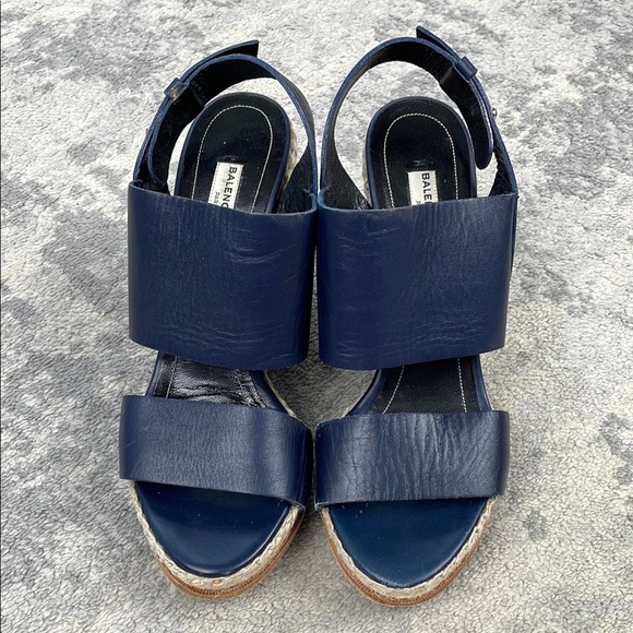Balenciaga Navy Blue Leather Espadrille Wedge Sandals Sz 39 - Picture 2 of 16